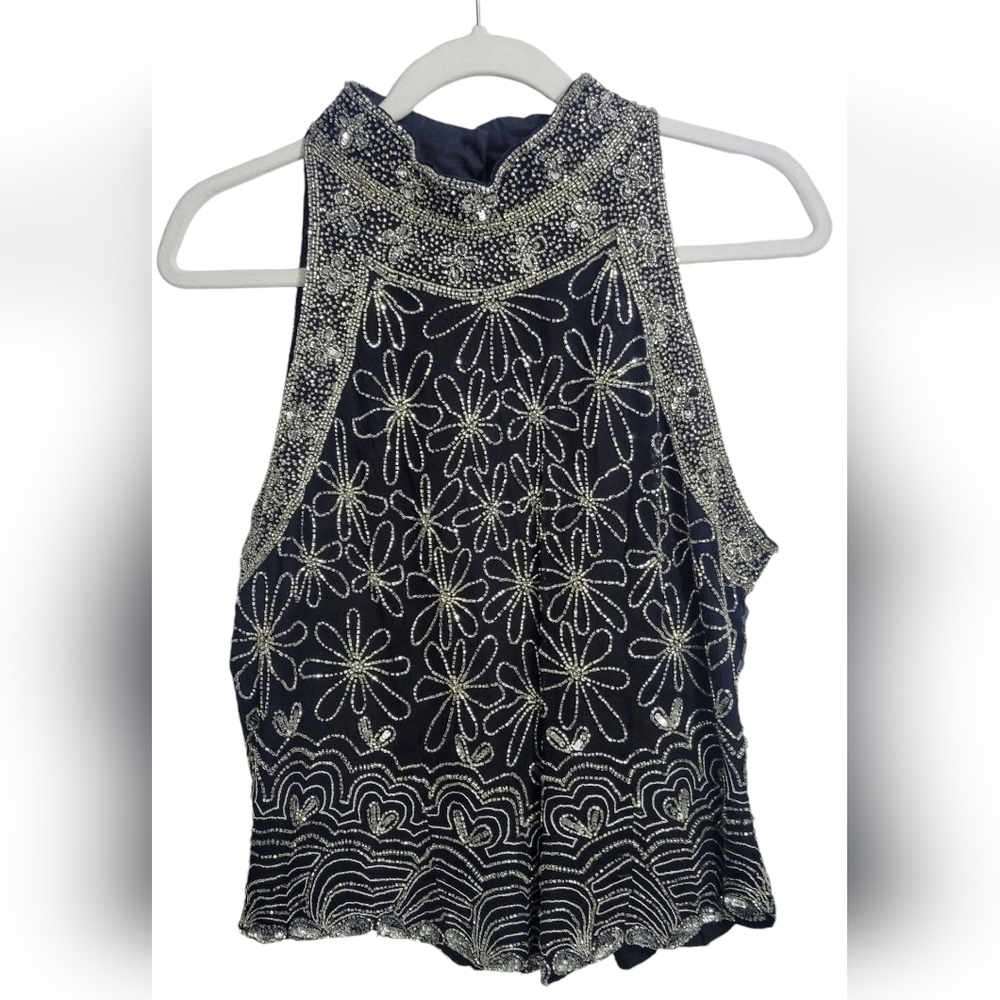 Papell Boutique Black and Silver Embellished Blouse